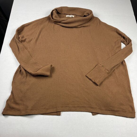 We The Free People Oversized Ribbed Knit Top Brown Cowl Neck Baggy Shirt SMALL - Picture 2 of 10